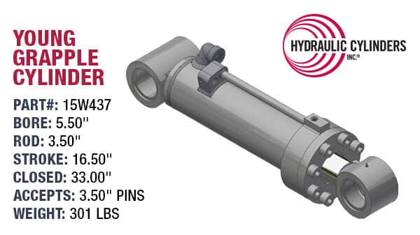 Replacement Hydraulic Grapple Tong Actuator Cylinder for Young Corp (PN: 15W437) Grapple Model 1309 5 Yard