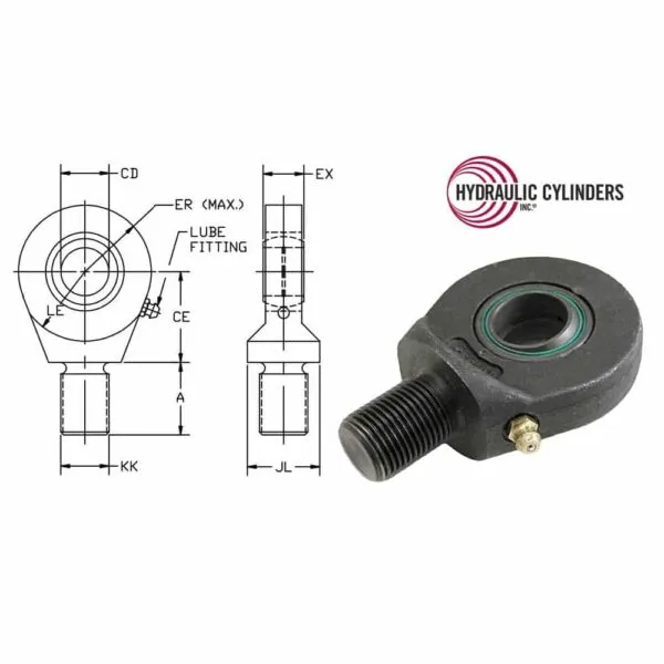 Spherical rod eye rod-end component for hydraulic and pneumatic cylinders, featuring a threaded shank, spherical bearing, and grease zerk for smooth pivoting. Spherical rod eye rod-end for hydraulic and pneumatic cylinders with threaded shank, grease zerk, and spherical bearing