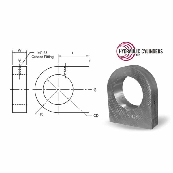 Spherical tang (base end) weld-on mount for hydraulic cylinders, shown with reference dimensions and mounting profile. Spherical tang base end mount for hydraulic cylinders with dimensions diagram (weld-on mount)
