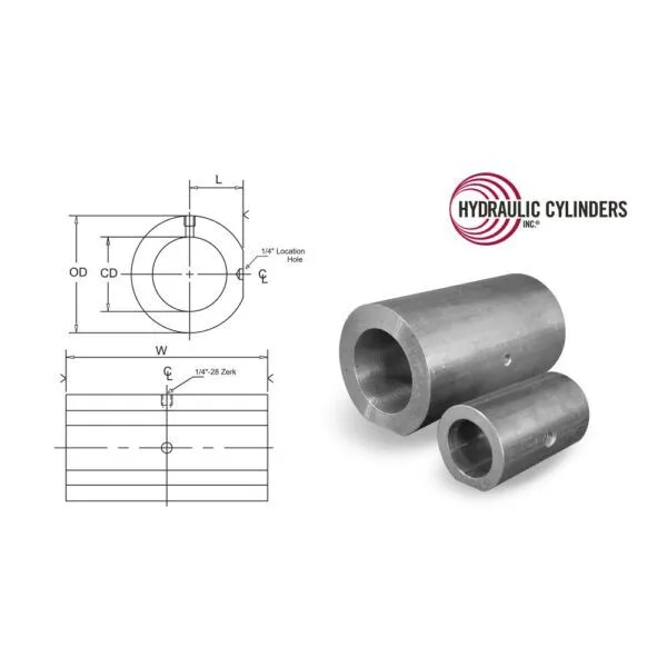 Cross tube mount for hydraulic cylinder weld-on applications, showing a tube mount with pin bore diagram and zerk fitting port