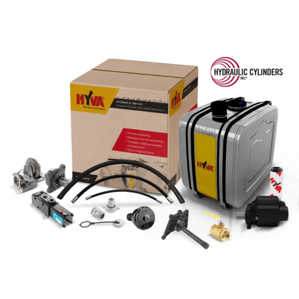 Hyva 2,000 PSI wet kit contents — gear pump, aluminum side-mount oil tank, tip valve, cab controls, hoses, and fittings