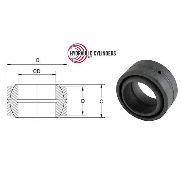 Spherical bearings (self-aligning, unsealed) shown with reference dimensions for hydraulic cylinder pivot and linkage applications. Spherical bearing component with dimensions diagram (self-aligning, unsealed)