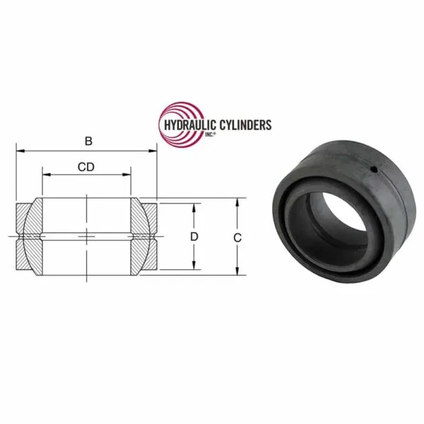 Spherical bearings (self-aligning, unsealed) shown with reference dimensions for hydraulic cylinder pivot and linkage applications. Spherical bearing component with dimensions diagram (self-aligning, unsealed)