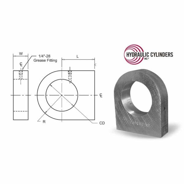 Spherical tang (base end) weld-on mount for hydraulic cylinders, shown with reference dimensions and mounting profile. Spherical tang base end mount for hydraulic cylinders with dimensions diagram (weld-on mount)