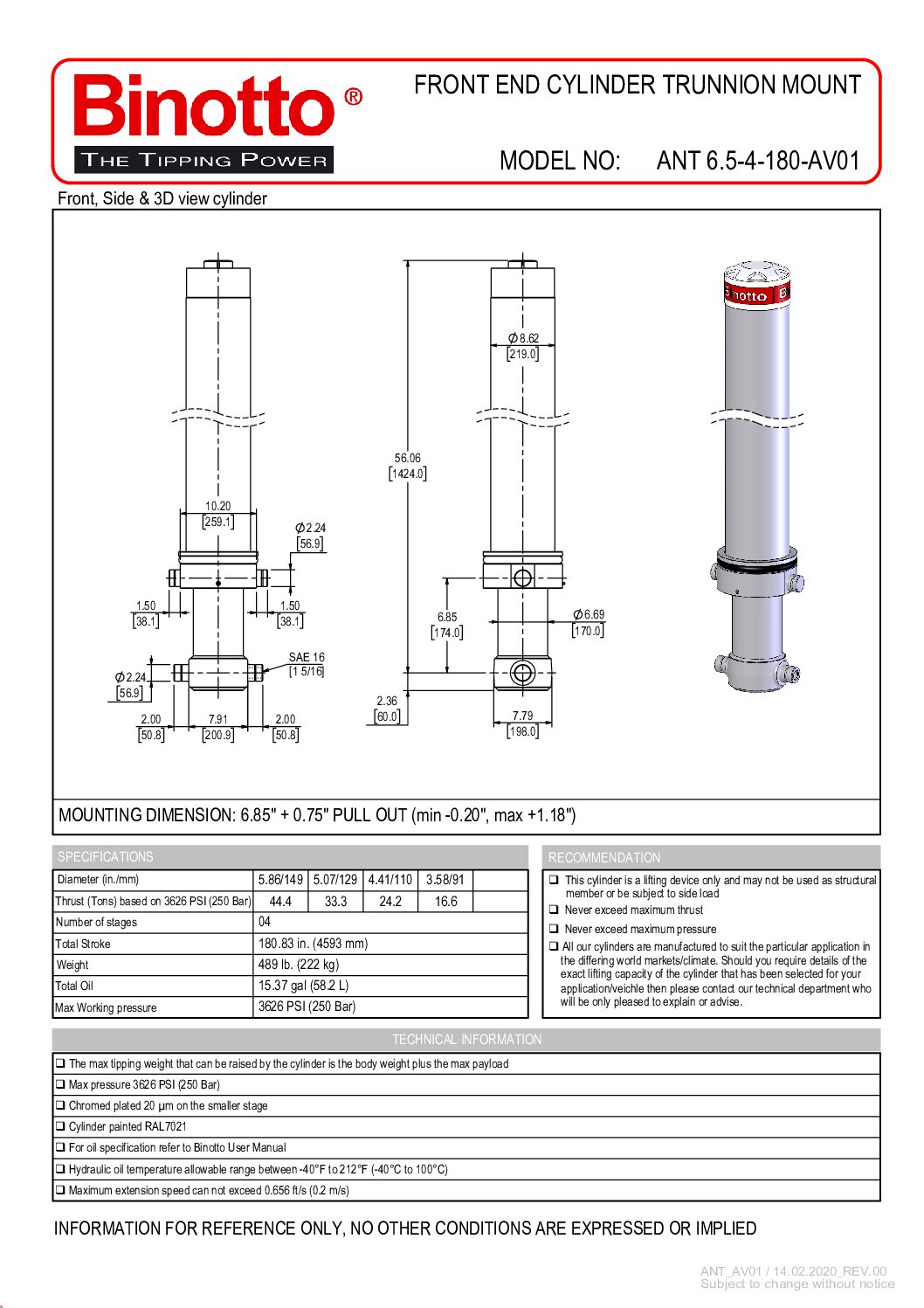 6.5-4-180-AV01 Binotto SAT Telescopic Cylinder
