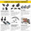 Hyva hydraulic component line infographic — PTOs, gear and piston pumps, aluminum oil tanks, valves and controls, hoses and fittings, complete kits